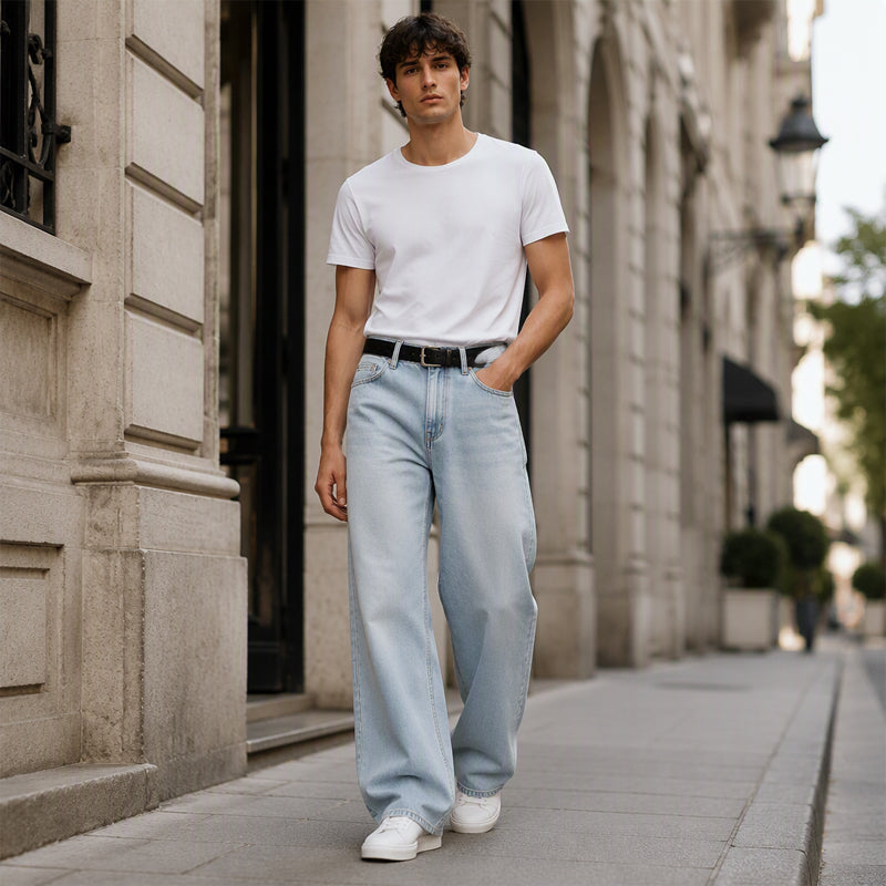 👖Vintage gewassen herenjeans met gebogen pijpen