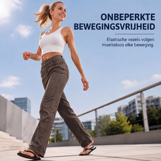 Damesbroek met hoge stretch en rechte pijpen