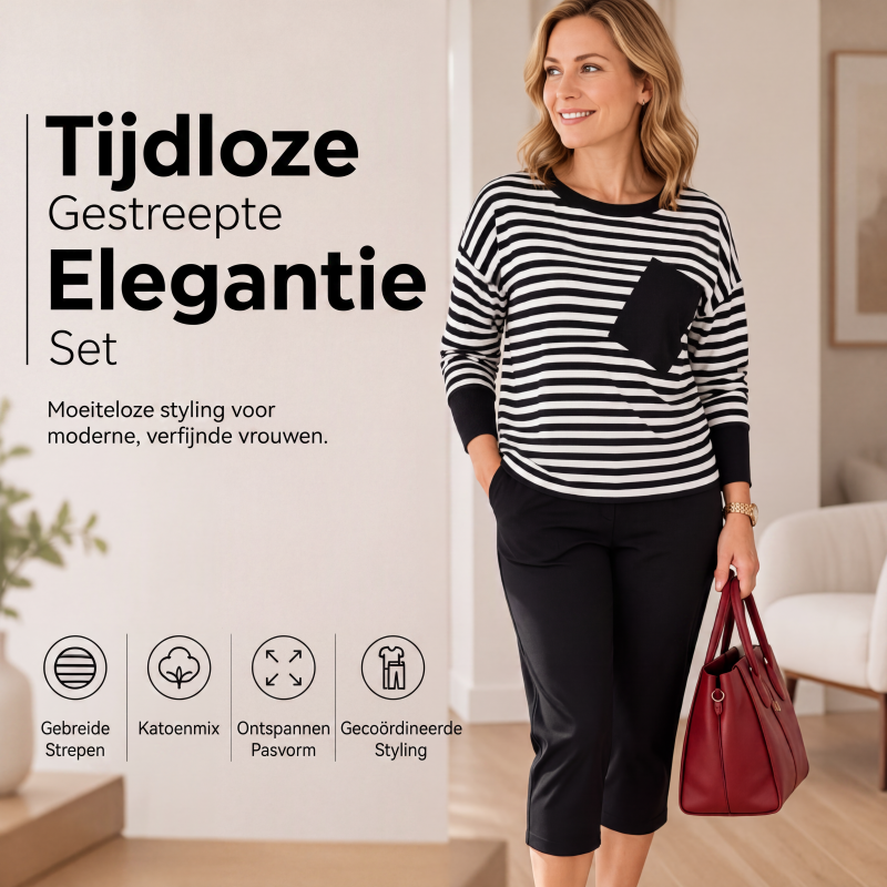 🔥Dames tweedelige set met gestreepte lange mouwen top en broek
