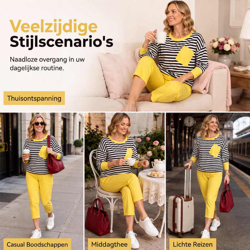 🔥Dames tweedelige set met gestreepte lange mouwen top en broek
