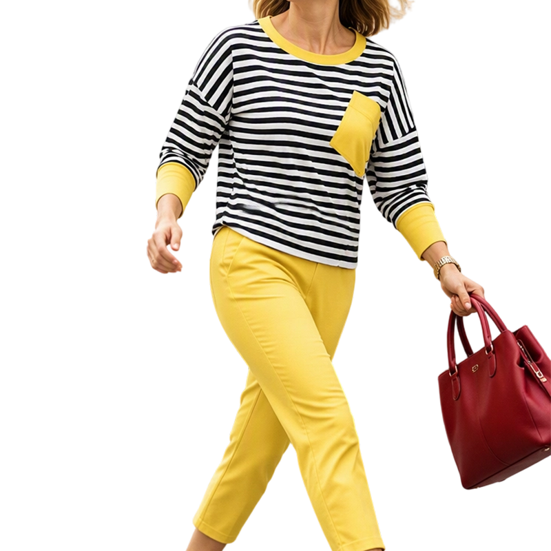 🔥Dames tweedelige set met gestreepte lange mouwen top en broek