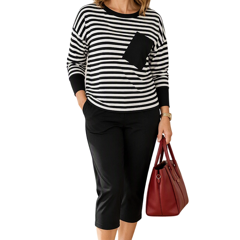 🔥Dames tweedelige set met gestreepte lange mouwen top en broek