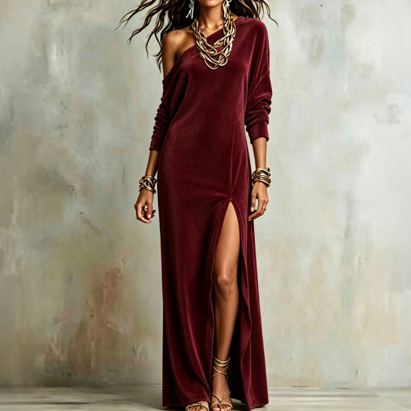 🔥Gratis verzending✈️ Dames Off Shoulder Jurk met Zijsplit 👗 Elegant, Vrouwelijk & Flatterende Pasvorm
