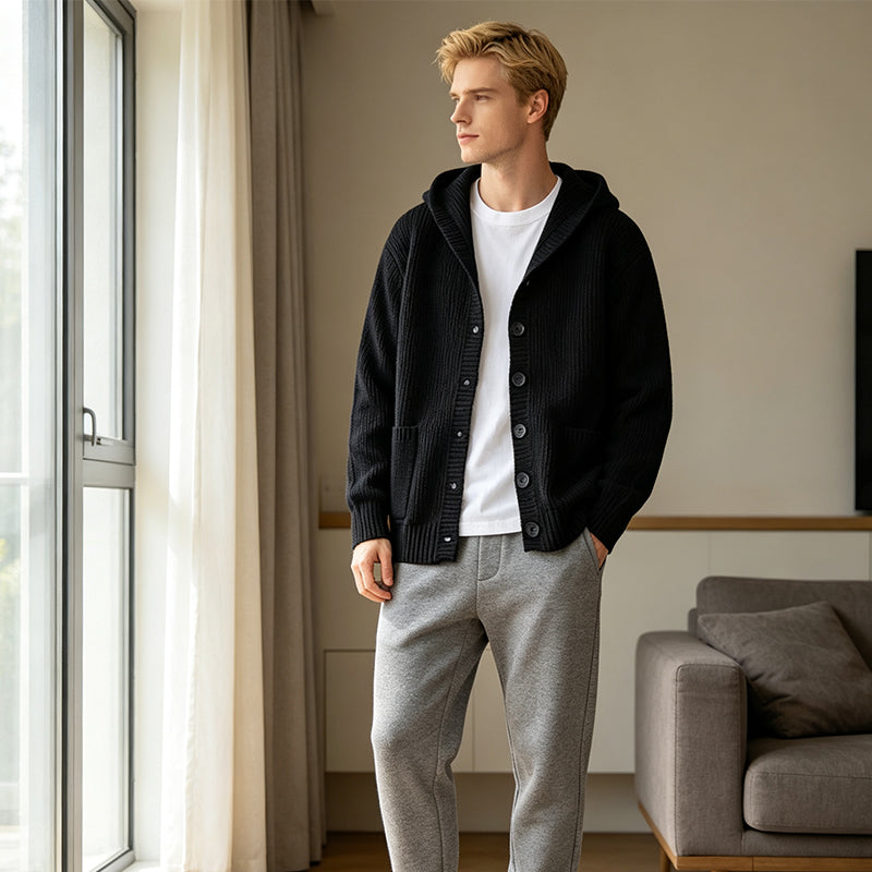 🔥Gratis verzending✈️Herengebreid vest met capuchon, casual losvallend jack met knopen en trui-stijl