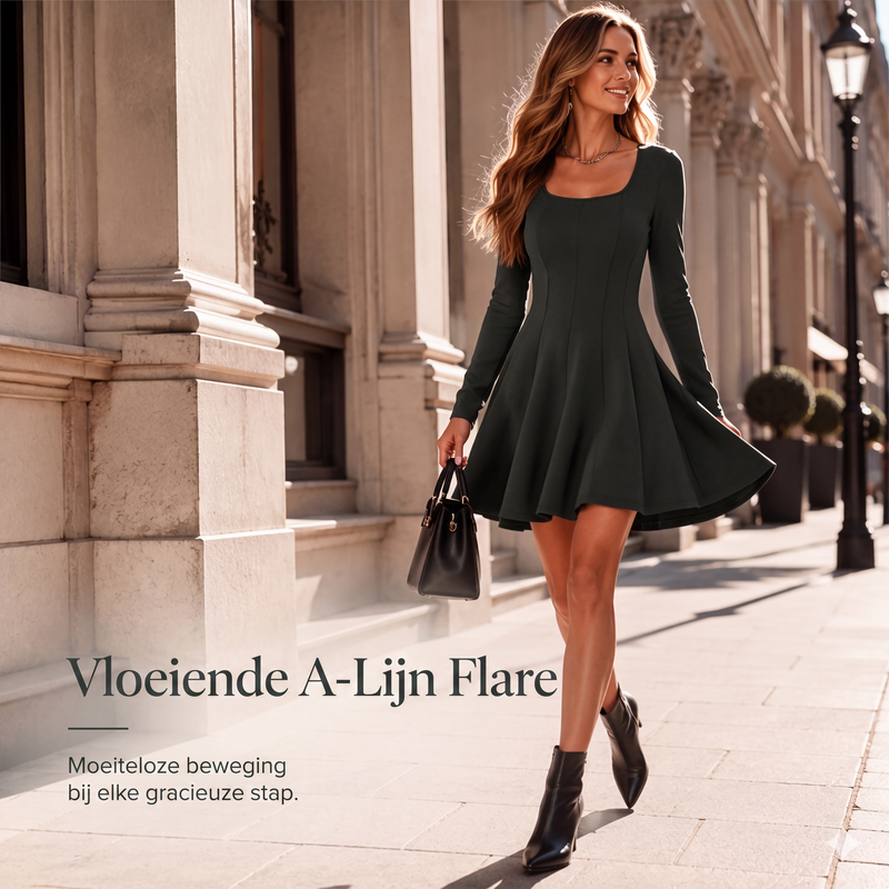 👗Damesmini-jurk met vierkante hals en lange mouwen