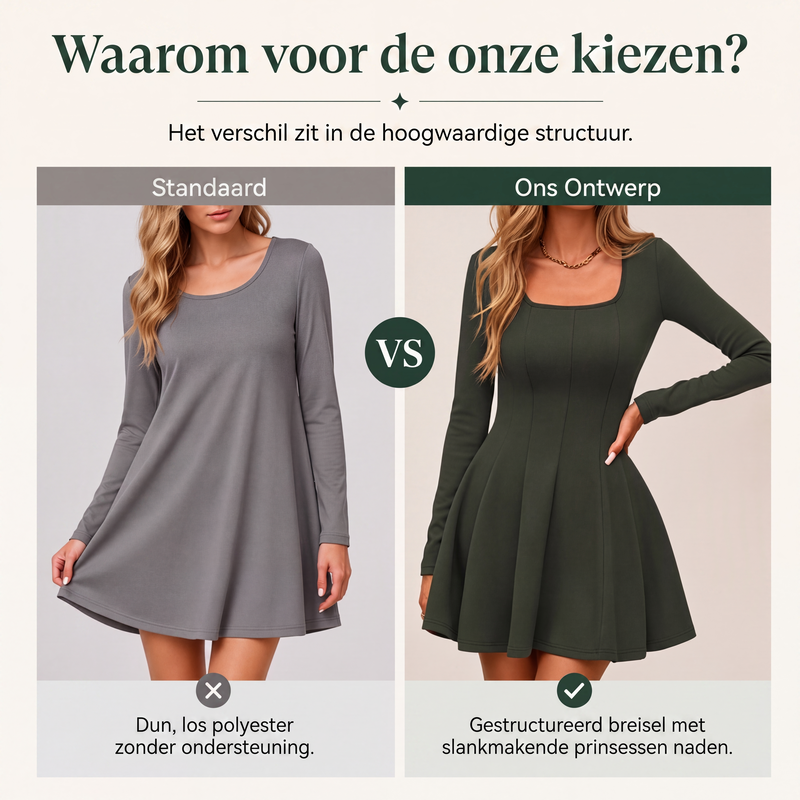 👗Damesmini-jurk met vierkante hals en lange mouwen