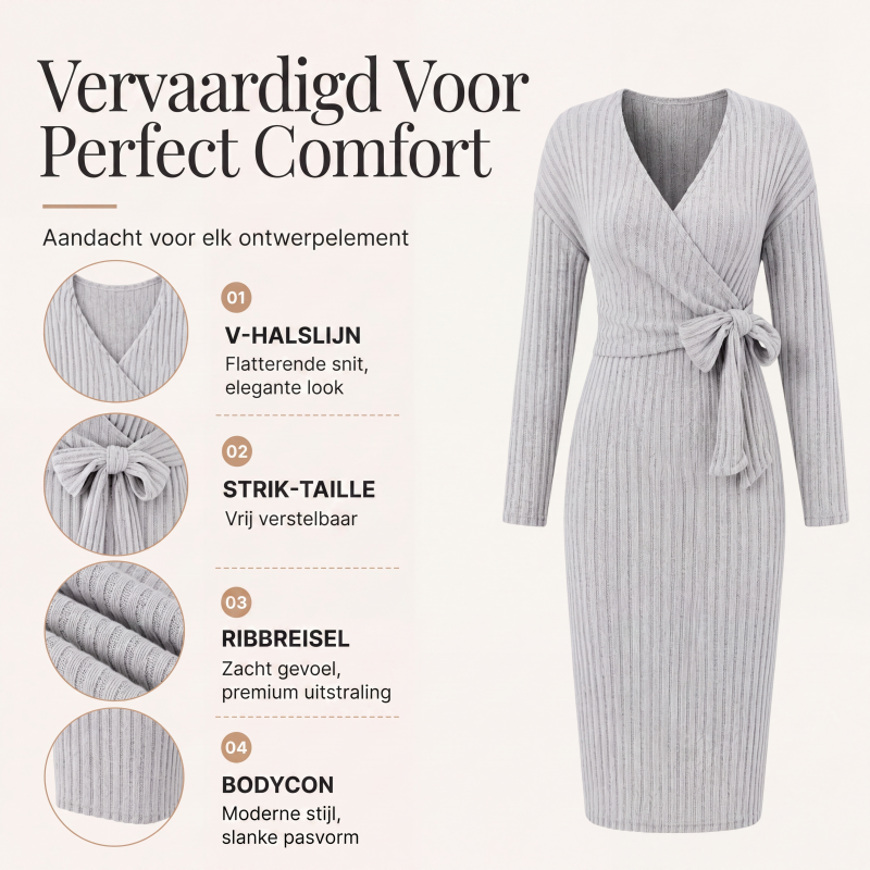 🌸 Nieuwe Collectie ✨ Dames Gebreide Geribde Overslagjurk met V-Hals 👗 Elegante Pasvorm, Zachte Comfort & Vrouwelijke Uitstraling