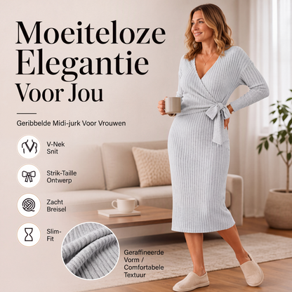 🌸 Nieuwe Collectie ✨ Dames Gebreide Geribde Overslagjurk met V-Hals 👗 Elegante Pasvorm, Zachte Comfort & Vrouwelijke Uitstraling