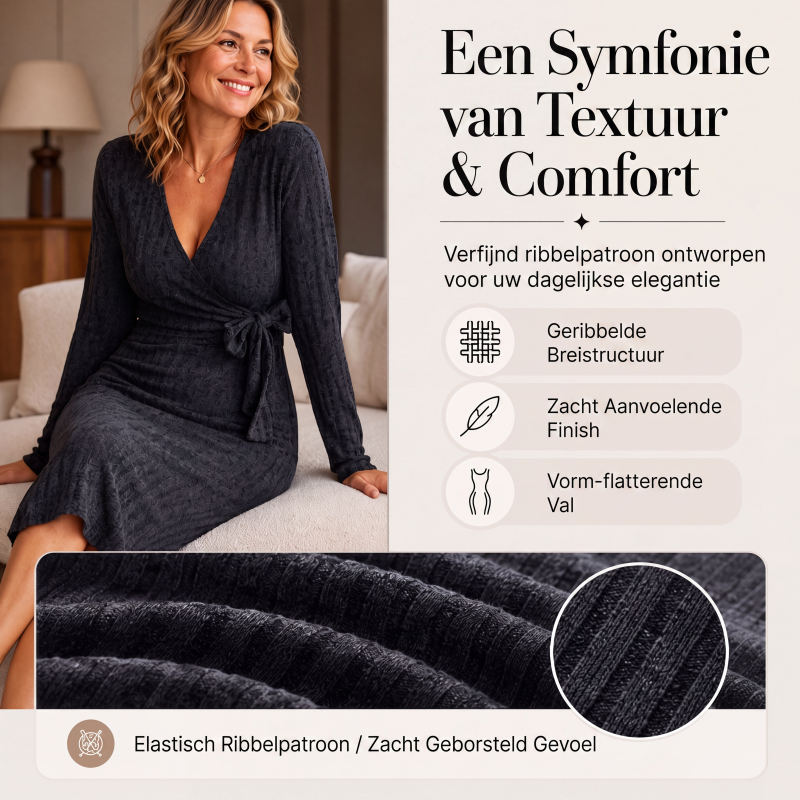 🌸 Nieuwe Collectie ✨ Dames Gebreide Geribde Overslagjurk met V-Hals 👗 Elegante Pasvorm, Zachte Comfort & Vrouwelijke Uitstraling