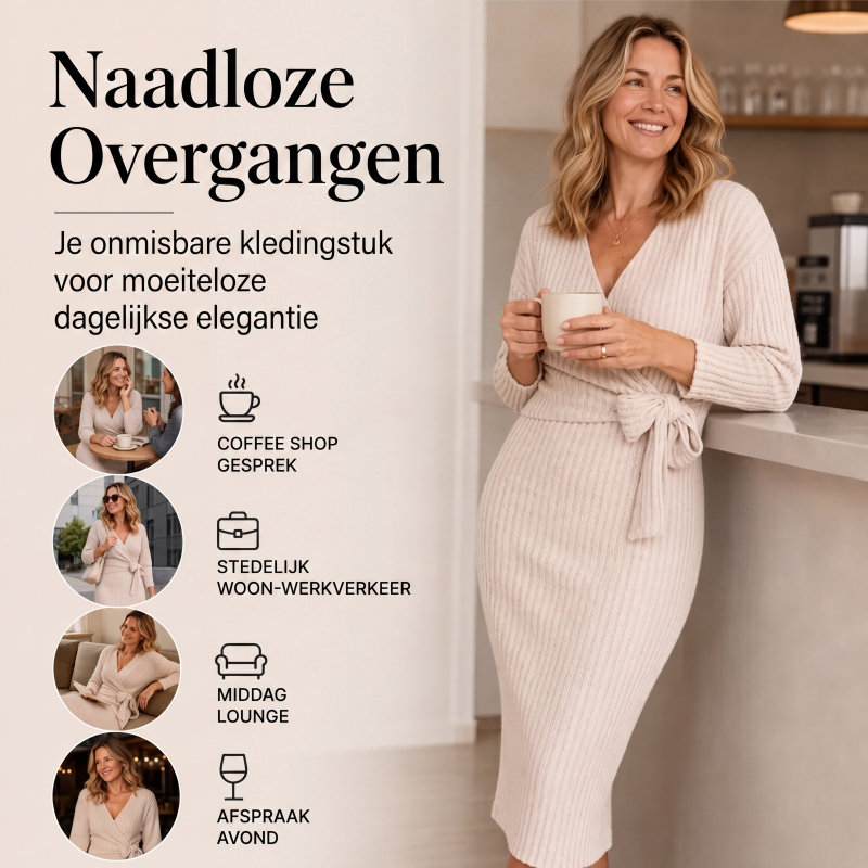 🌸 Nieuwe Collectie ✨ Dames Gebreide Geribde Overslagjurk met V-Hals 👗 Elegante Pasvorm, Zachte Comfort & Vrouwelijke Uitstraling