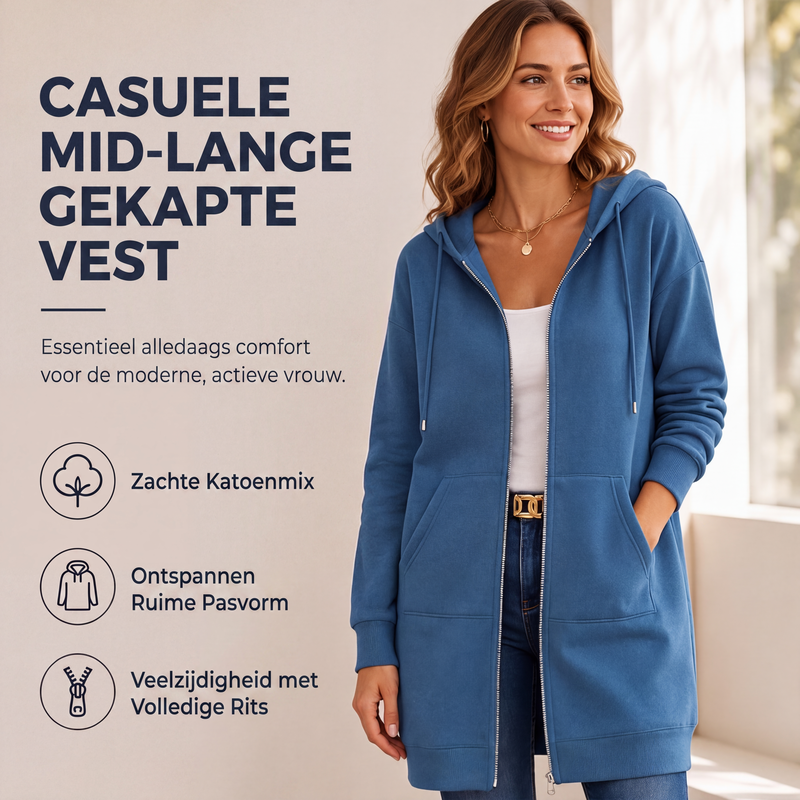 🔥 Tijdelijke Korting ✨ Dames Halflange Hoodiejas met Rits & Zakken 🧥 Comfortabele Pasvorm, Warme Laag & Casual Elegante Look