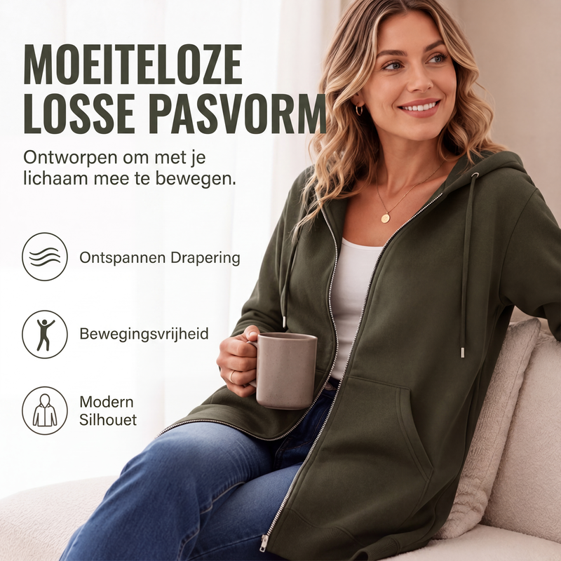 🔥 Tijdelijke Korting ✨ Dames Halflange Hoodiejas met Rits & Zakken 🧥 Comfortabele Pasvorm, Warme Laag & Casual Elegante Look