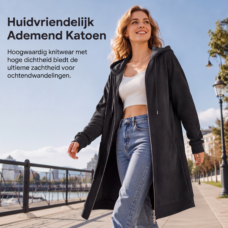 🔥 Tijdelijke Korting ✨ Dames Halflange Hoodiejas met Rits & Zakken 🧥 Comfortabele Pasvorm, Warme Laag & Casual Elegante Look
