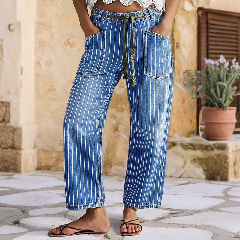 Dames verticale gestreepte rekbare denim broeken