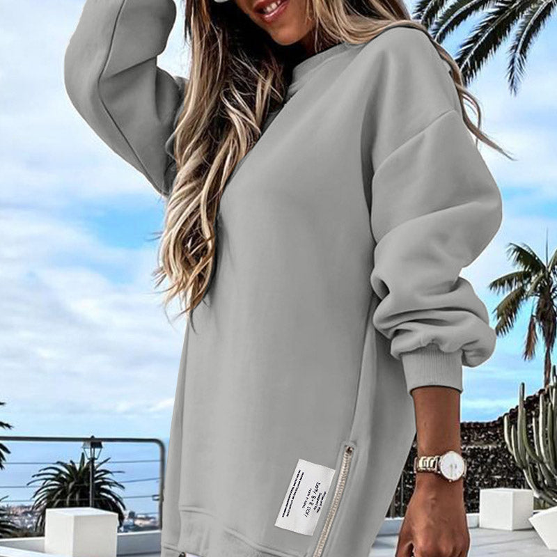 😍Lange Mouw Pullover met Rits Slit – Casual Sweatshirt Jurk voor Dames