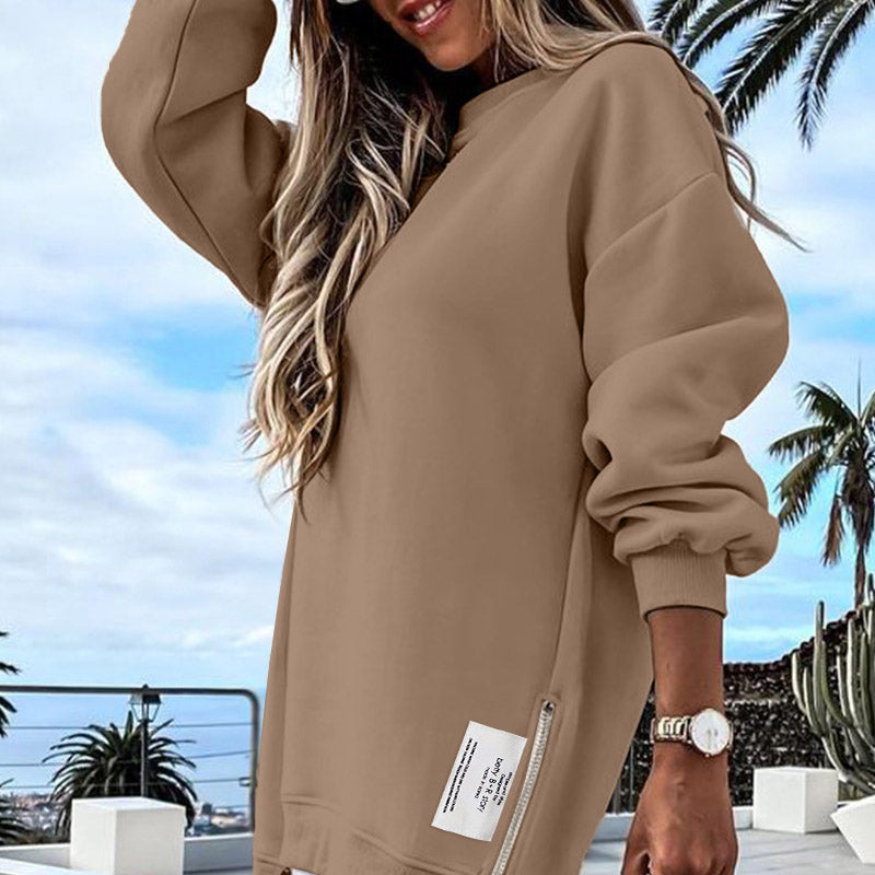 😍Lange Mouw Pullover met Rits Slit – Casual Sweatshirt Jurk voor Dames