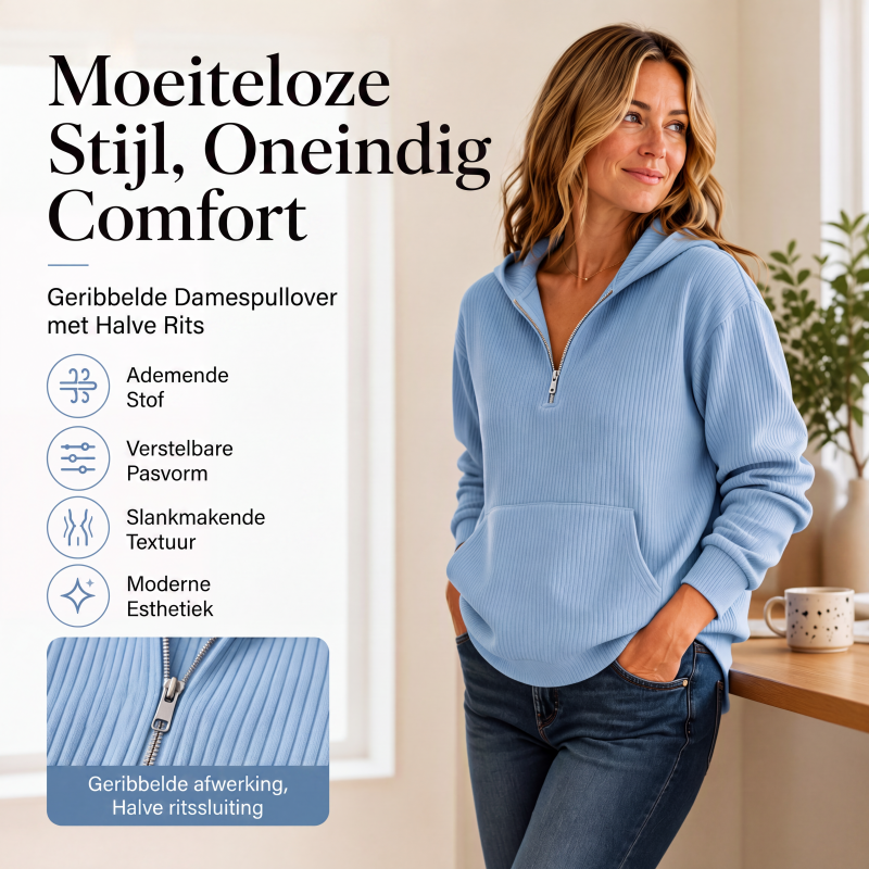 ✨🧥Casuele Geribbelde Gebreide Half-Ritshoodie voor Vrouwen🔥Limited aanbieding