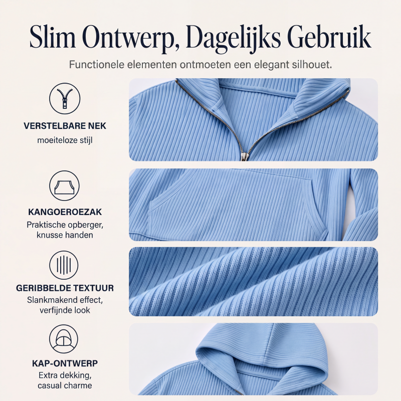 ✨🧥Casuele Geribbelde Gebreide Half-Ritshoodie voor Vrouwen🔥Limited aanbieding