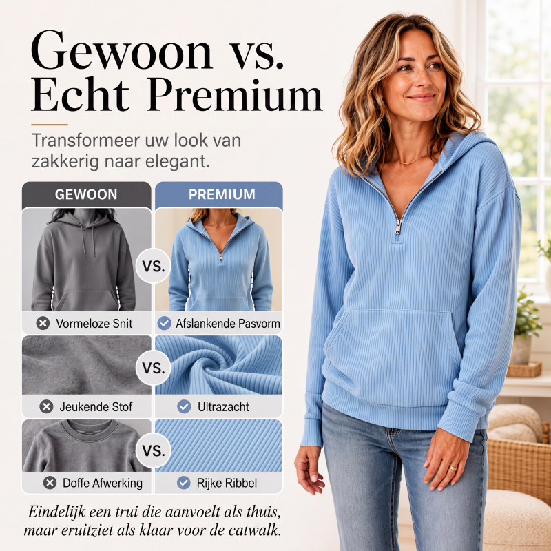 ✨🧥Casuele Geribbelde Gebreide Half-Ritshoodie voor Vrouwen🔥Limited aanbieding