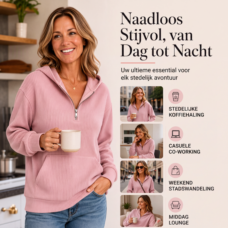 ✨🧥Casuele Geribbelde Gebreide Half-Ritshoodie voor Vrouwen🔥Limited aanbieding