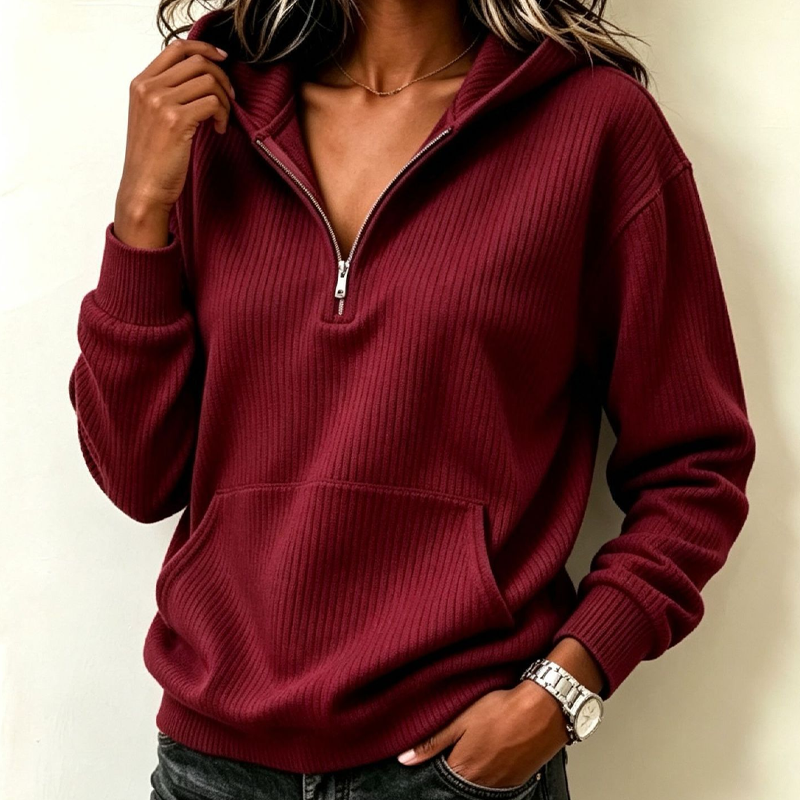 ✨🧥Casuele Geribbelde Gebreide Half-Ritshoodie voor Vrouwen🔥Limited aanbieding