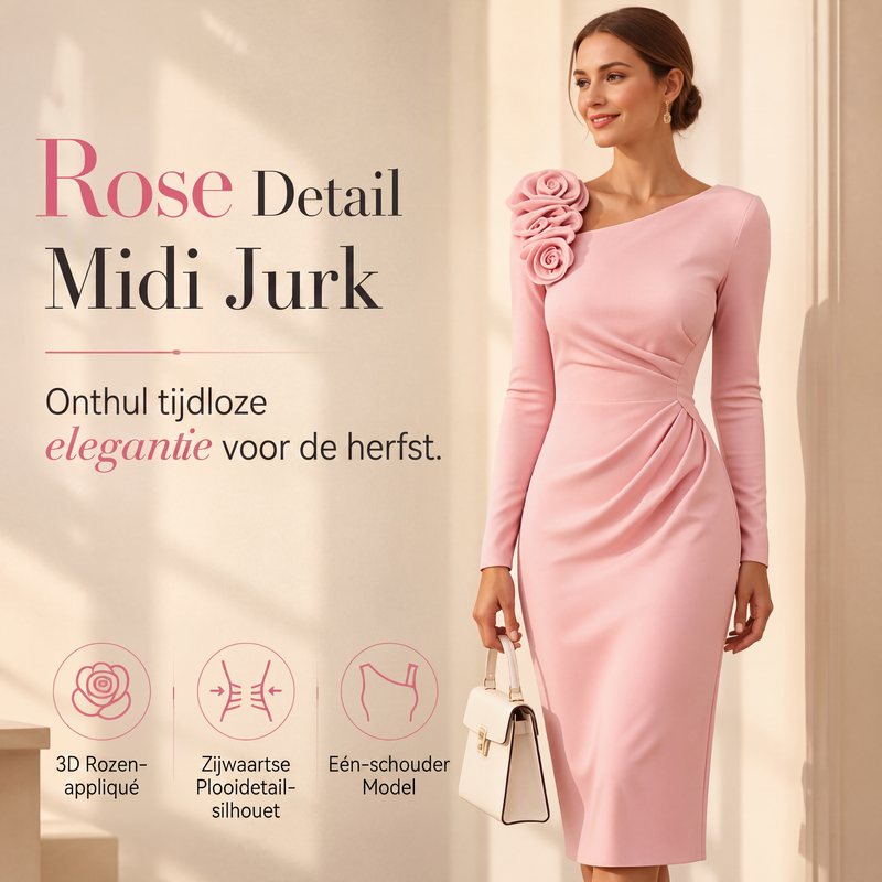 Dames midi-jurk met geplooide details en 3D-rozen