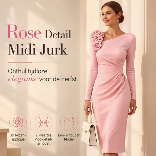 Dames midi-jurk met geplooide details en 3D-rozen