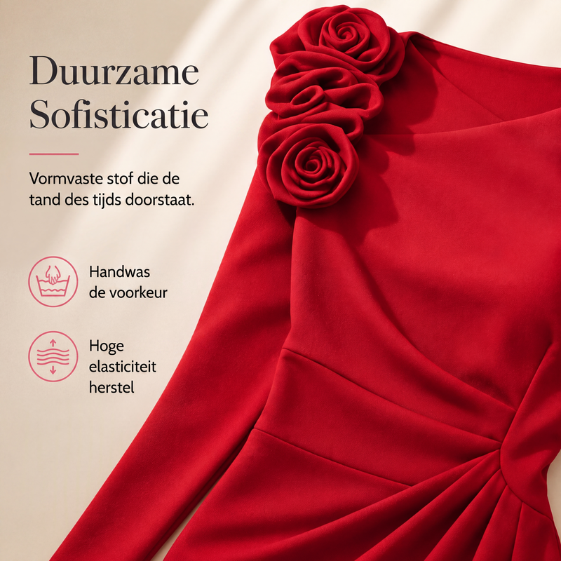 Dames midi-jurk met geplooide details en 3D-rozen