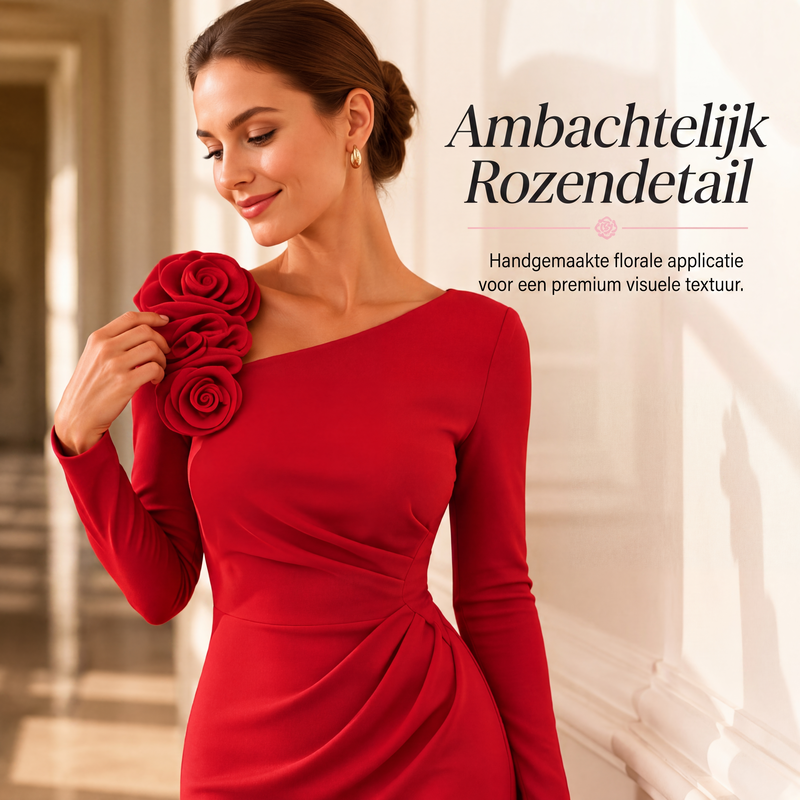 Dames midi-jurk met geplooide details en 3D-rozen