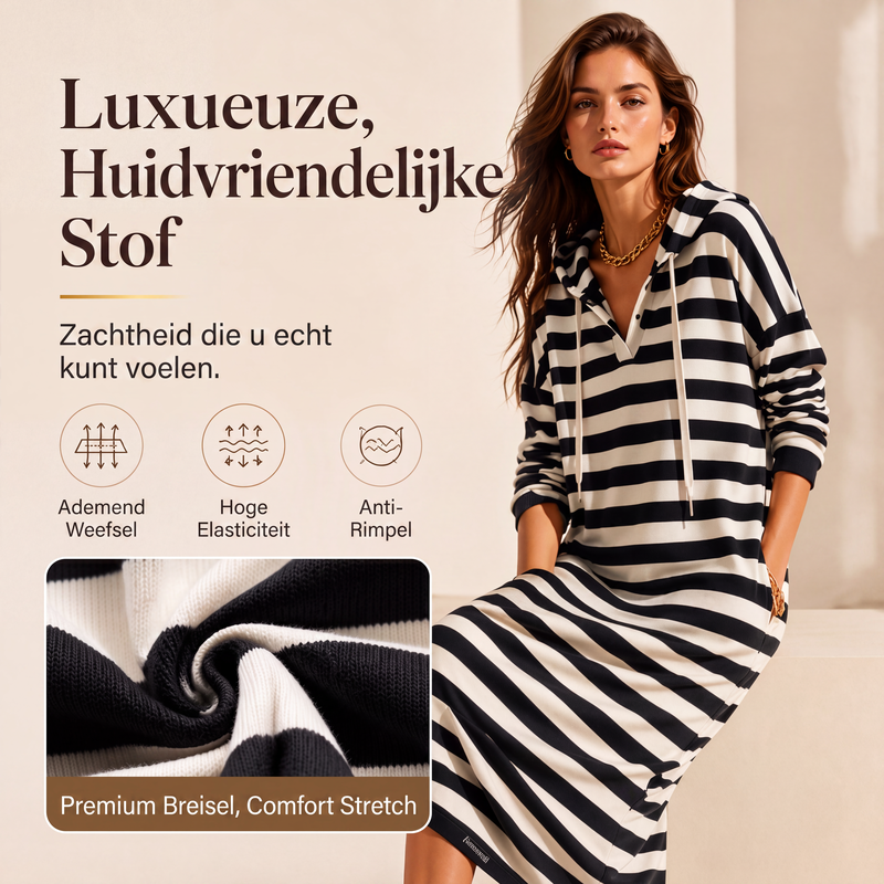 🔥 Tijdelijke Aanbieding ✨ Dames Gestreepte Hoodiejurk 👗 Casual Comfort, Trendy Strepen & Relaxte Pasvorm
