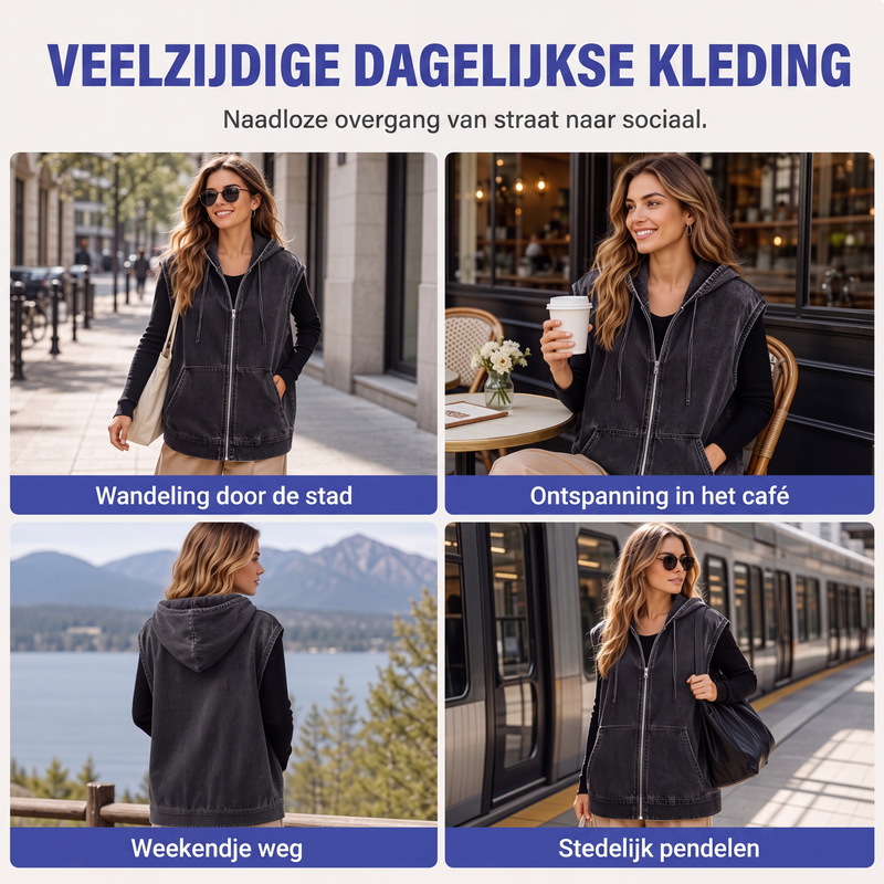 🔥Gratis verzending✈️Casual spijkerbodywarmer met capuchon voor dames