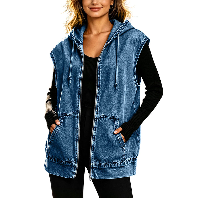 🔥Gratis verzending✈️Casual spijkerbodywarmer met capuchon voor dames