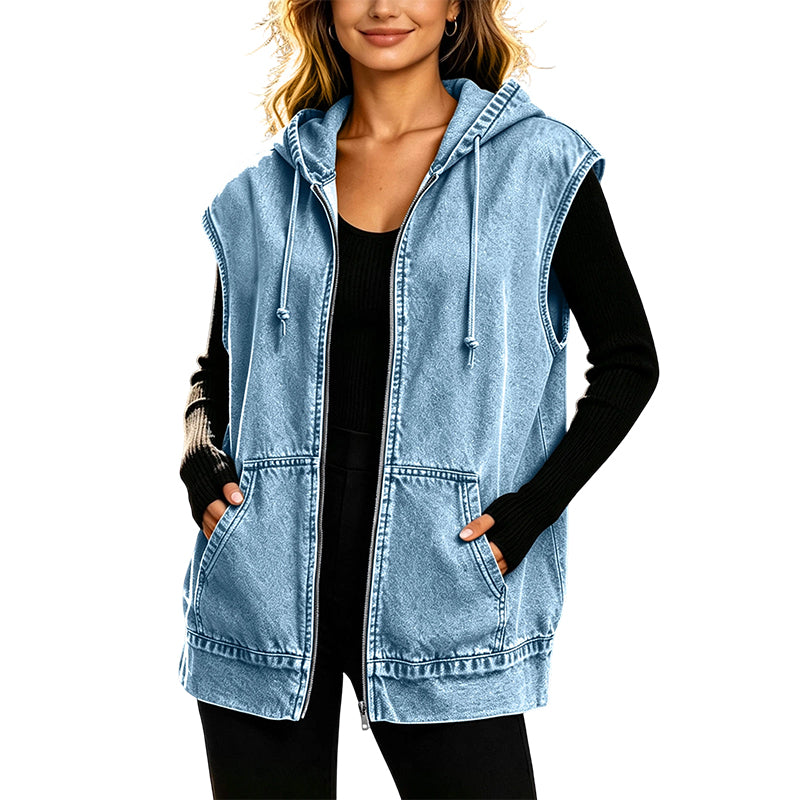 🔥Gratis verzending✈️Casual spijkerbodywarmer met capuchon voor dames
