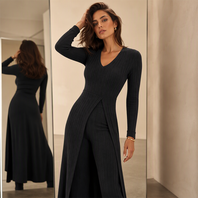 ✨ Gemakkelijk dagelijks comfort | 2-delige set voor dames van een geribbelde langwerpige top en slim-fit broek