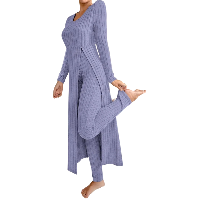 ✨ Gemakkelijk dagelijks comfort | 2-delige set voor dames van een geribbelde langwerpige top en slim-fit broek