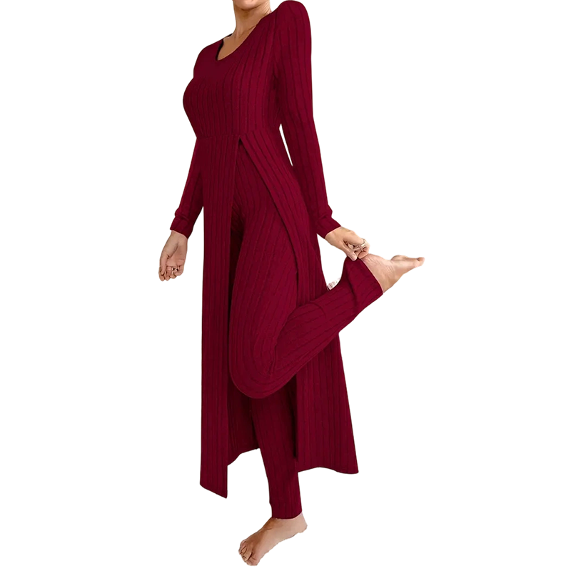 ✨ Gemakkelijk dagelijks comfort | 2-delige set voor dames van een geribbelde langwerpige top en slim-fit broek