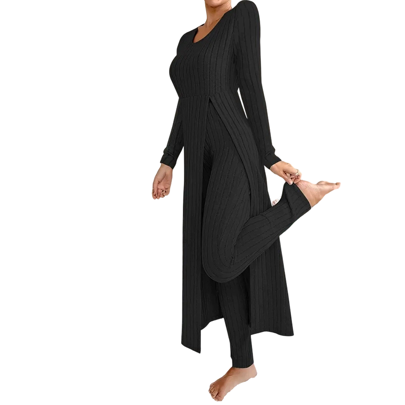 ✨ Gemakkelijk dagelijks comfort | 2-delige set voor dames van een geribbelde langwerpige top en slim-fit broek