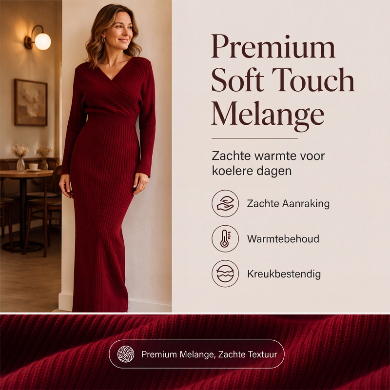 🔥Gratis verzending✈️Elegant Geribbelde Gebreide Wikkeljurk met V-hals voor Dames