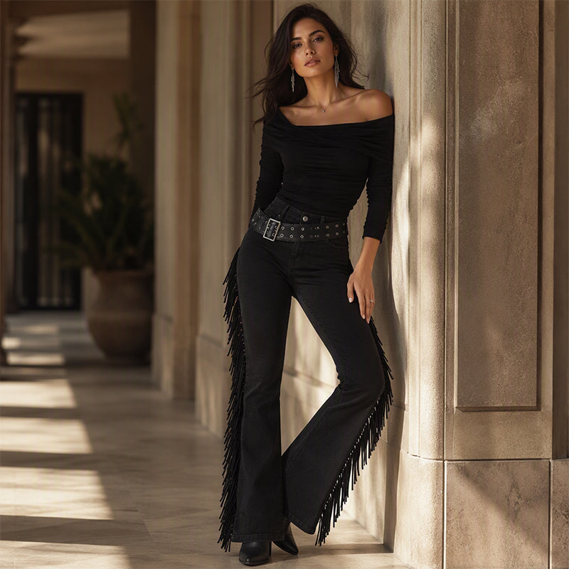 🔥Gratis verzending✈️ Dames High-Waist Flare Jeans met Zijfranjes 👖 Verlengend Silhouet, Comfortabele Pasvorm & Modieuze Look