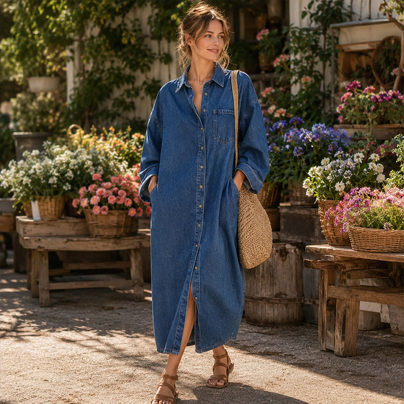🔥Gratis verzending✈️Casual losvallende denim overhemdjurk voor dames