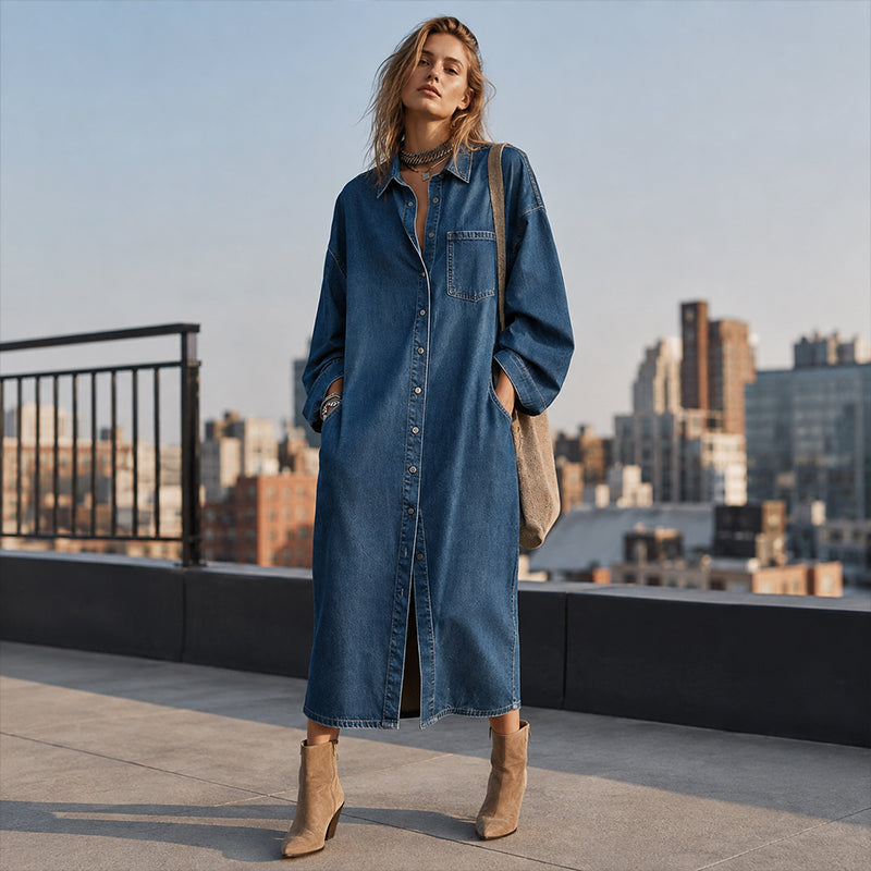 🔥Gratis verzending✈️Casual losvallende denim overhemdjurk voor dames
