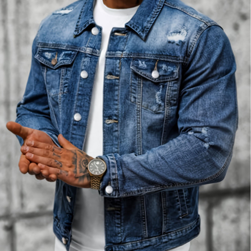 Heren casual vintage washed spijkerjas met destroyed look