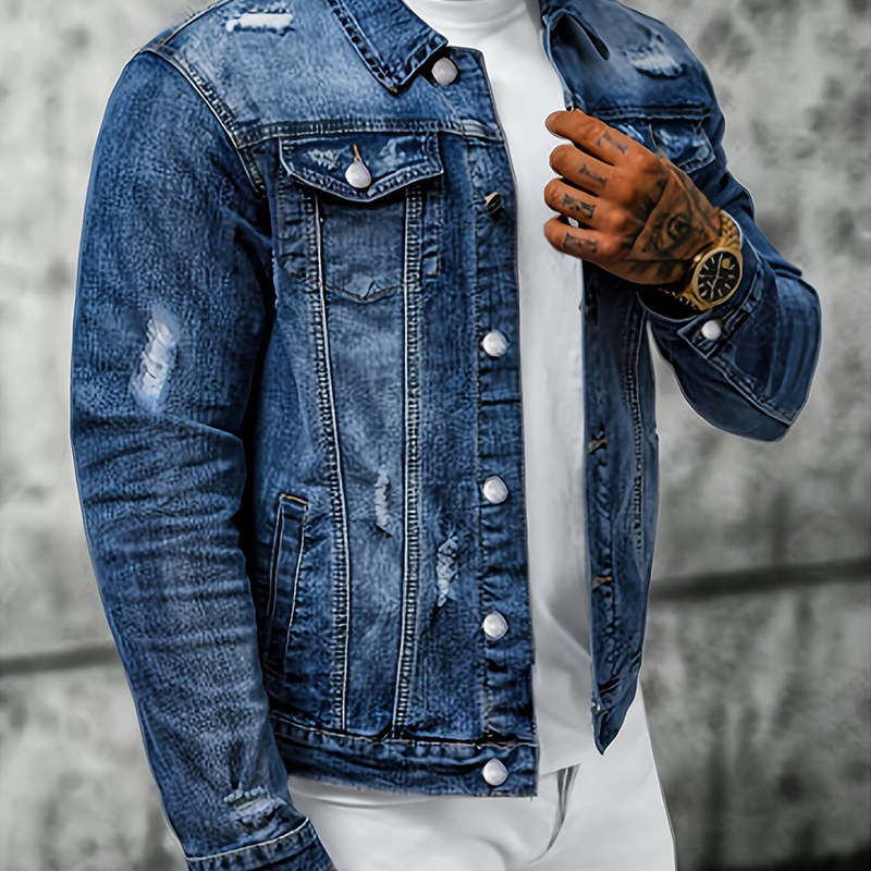 Heren casual vintage washed spijkerjas met destroyed look