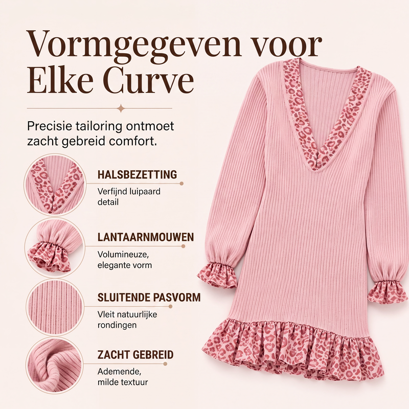 Gebreide jurk met lantaarnmouwen en V-hals voor dames