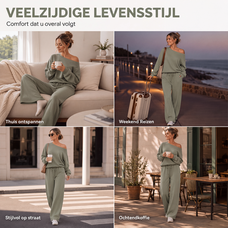 🔥Gratis verzending✈️Off-shoulder top en wijde pijpen broekenset voor dames