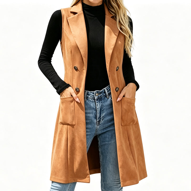 🔥Gratis verzending✈️Dames gilet met knopen en zakken, lang model