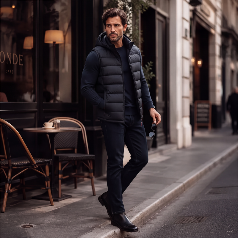 🔥Gratis verzending✈️Heren gewatteerde winterbodywarmer met afneembare capuchon