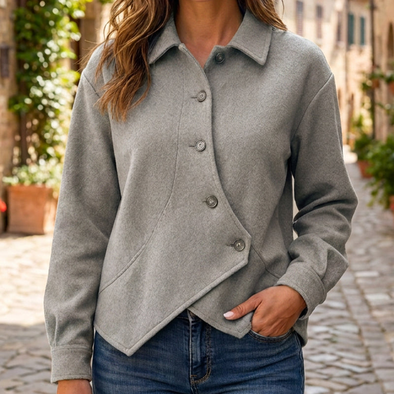 🔥Gratis verzending✈️ Dames Diagonaal Overhemdjack 🧥 Unieke Asymmetrische Snit, Comfortabele Pasvorm & Moderne Stijl