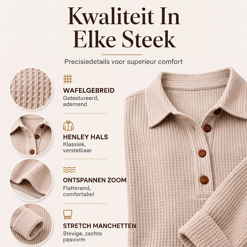 ✨ Nieuwe Collectie 🌿 Dames Wafelgebreid Henley Shirt met Lange Mouwen 👚 Zachte Textuur, Comfortabele Pasvorm & Tijdloze Casual Look