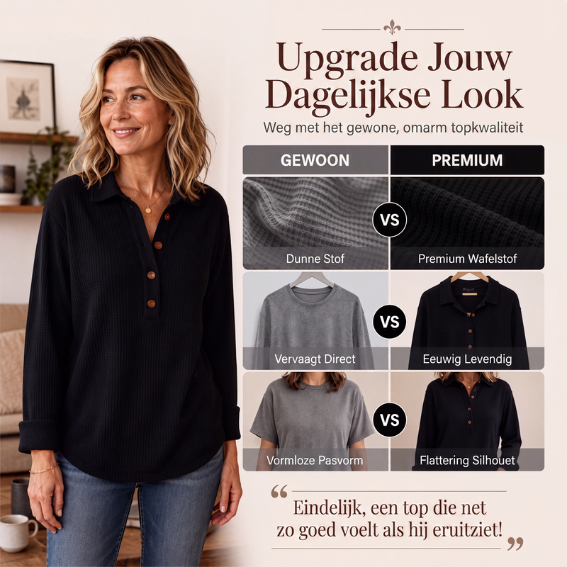 ✨ Nieuwe Collectie 🌿 Dames Wafelgebreid Henley Shirt met Lange Mouwen 👚 Zachte Textuur, Comfortabele Pasvorm & Tijdloze Casual Look